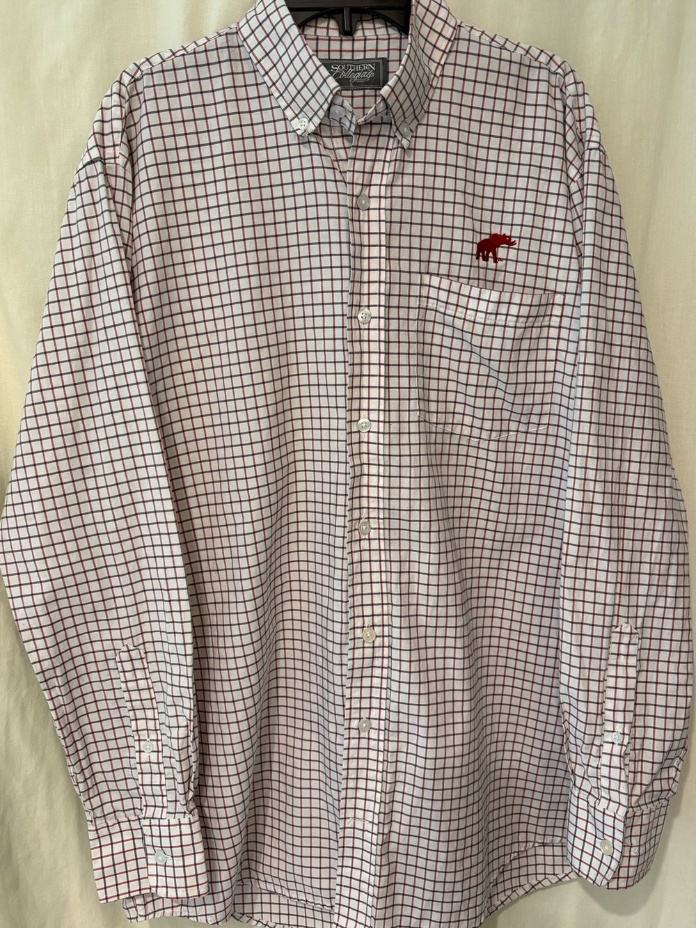 Southern Collegiate Button-Down Shirt - White & Burgundy Plaid with elephant.